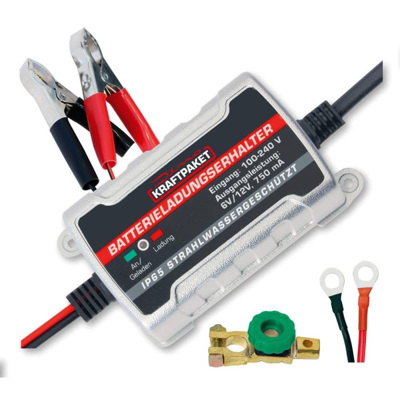 Dino KRAFTPAKET Bundle, 750mAh-6V/12V Erhaltungsladegerät/Intelligentes und voll-automatisches Ladungserhaltungsgerät und Batterie Trennschalter Poltrenner für Oldtimer, Auto, Boot, Motorrad von Dino KRAFTPAKET