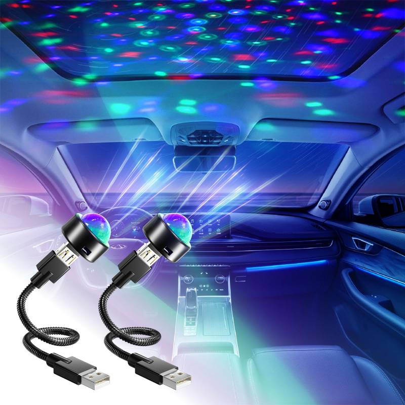 2 Stücke LED Auto Decke Starlight USB Licht Innenbeleuchtung Auto 3 Farben & 7 Funktionsmodi 360 ° Drehbare Mini-Discokugel Autodachatmosphäre Auto LED für Car Decor/Schlafzimmer/Partei -Plug and Play von DoRight