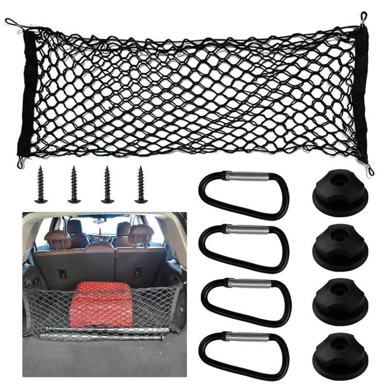 Doafoce Gepäcknetz Auto Kofferraumnetz 130×45cm Kofferraum Netz mit 4 Haken, Schrauben, Karabiner Super Elastisch Kofferraum Netz Organizer, Gepäckschutznetz für die meisten Autos von Doafoce