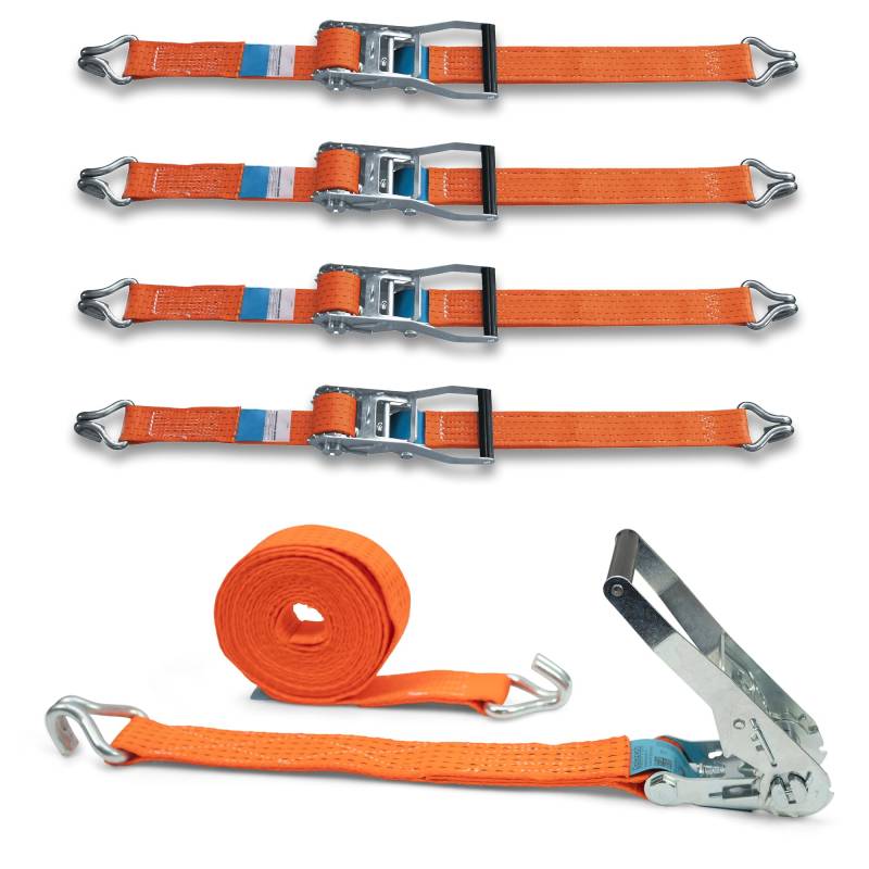 4er Set Spanngurt mit Stabiler Ratsche und Profilhaken, DoZurr 5000, belastbar bis 2500 kg, 50 mm breit x 6 m lang, orange, für LKW und große Anhänger von Dolezych