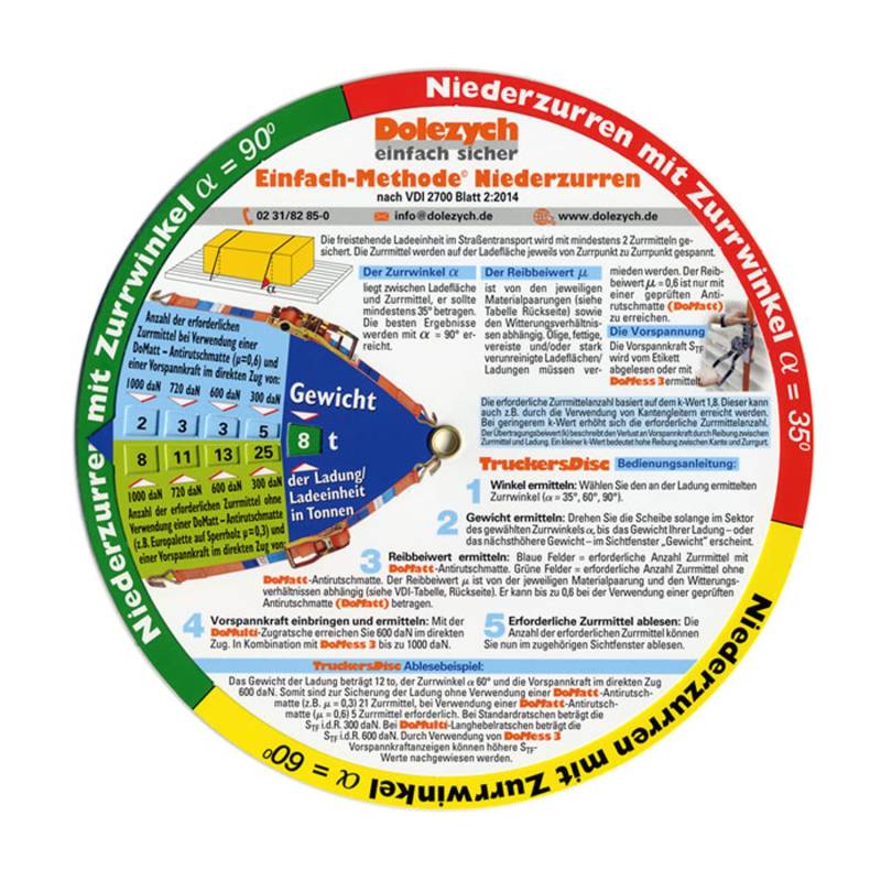 Dolezych Trucker's Disc zur Ermittlung der erforderlichen Ladungssicherung 2 Seiten: Niederzurren und Diagonalzurren Ermittlung der ordnungsgemäßen Ladungssicherung von Dolezych