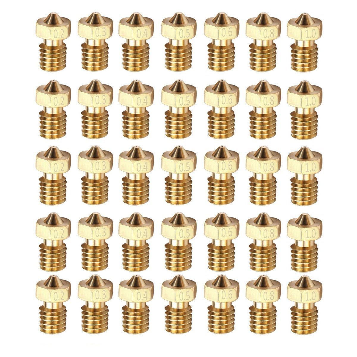 DollaTek 35 Pcs M6 1.75mm 3D Drucker 0.2mm 0.3mm 0.4mm 0.5mm 0.6mm 0.8mm 1.0mm Extruder Messing Düse Druckkopf (5 Pcse/jede größe) von DollaTek