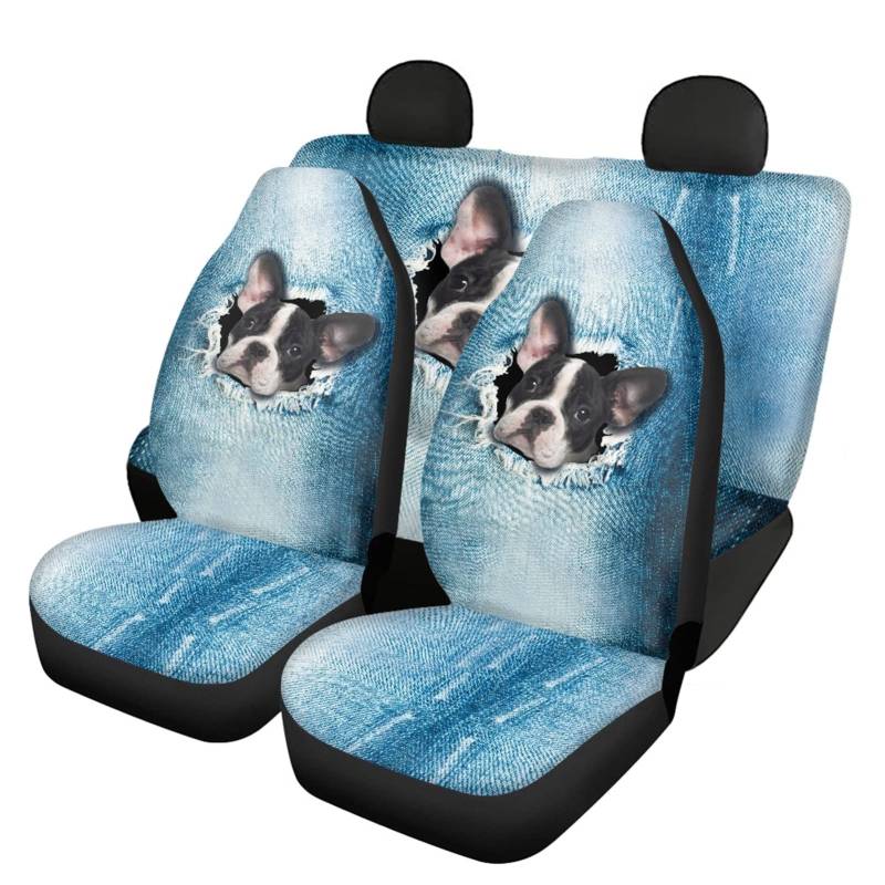 Dolyues 3D-Autositzbezug, Motiv: Boston Terrier im Loch, komplettes Set, passend für Auto, LKW, Van, SUV, langlebig und atmungsaktiv (hellblau) von Dolyues