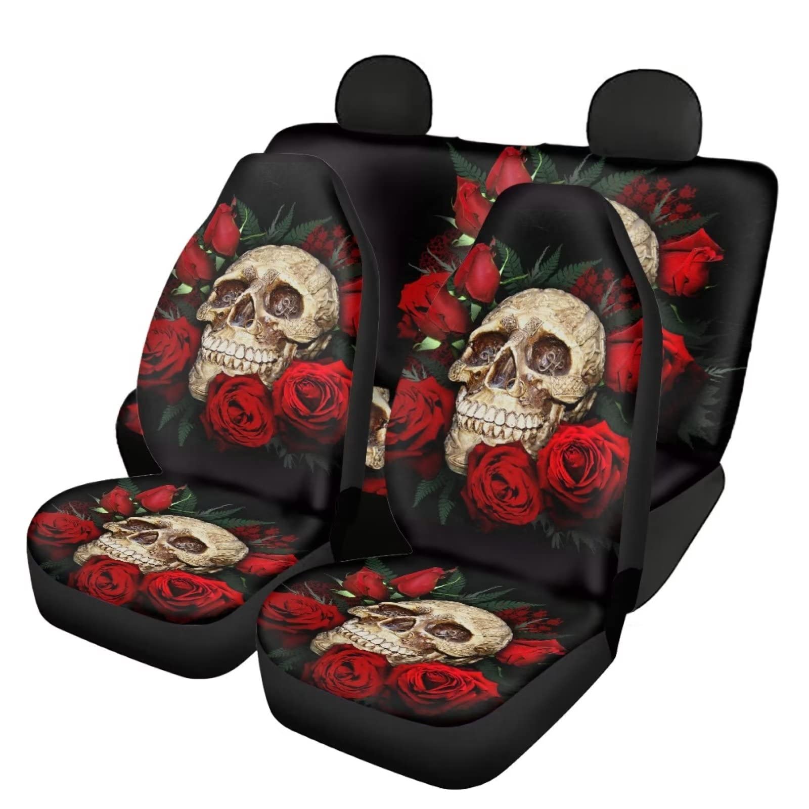 Dolyues Autositzbezüge mit Totenkopf-Rosen-Motiv, komplettes Set für Damen und Mädchen, rutschfest und universell passend für die meisten Fahrzeuge, Sitzbezüge, Schonbezug, Halloween-Dekoration von Dolyues