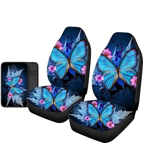 Dolyues Butterfly Autositzschoner für Damen, Blau, 6 Stück, Autositzbezüge mit Lenkradbezug und Sicherheitsgurtpolster + Armlehnenbezug, Blume von Dolyues