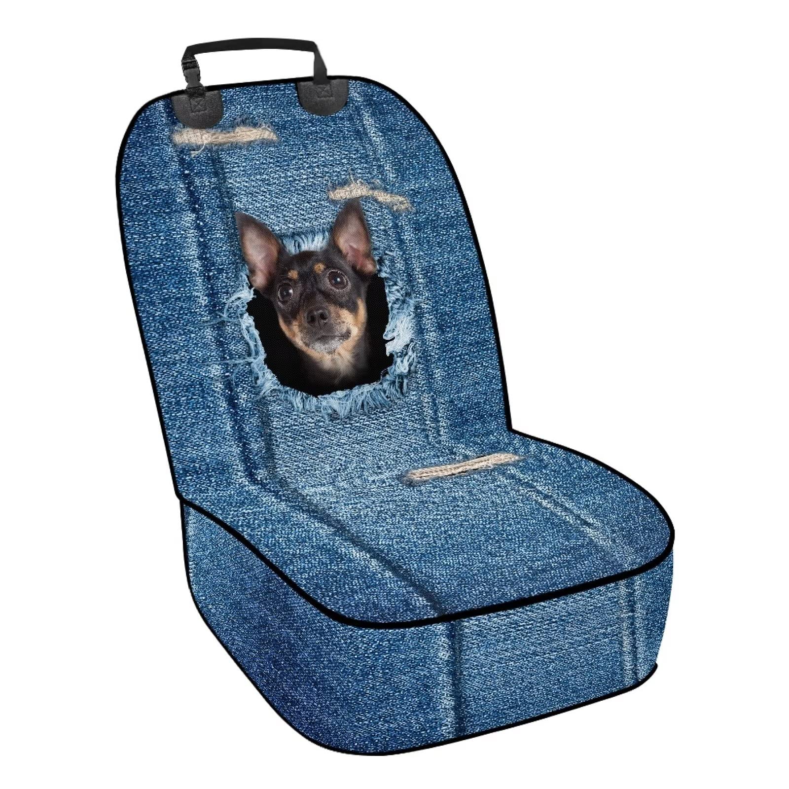 Dolyues Denim Chihuahua Print Blau Haustier Autositzbezüge vorne rutschfest kratzfest Haustier Hund Sitzbezug für SUV Auto LKW Tier von Dolyues