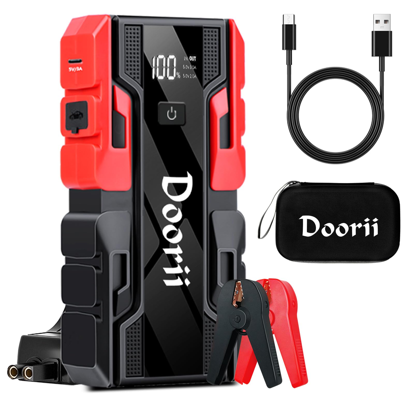 DOORII 001B Starthilfegeräte für Autobatterien Starthilfe Powerbank 4000A Auto Starthilfe mit LED Taschenlampe Auto Batterie Booster Starter Powerbank für 12V-Fahrzeuge SUV Motorrad ATV Rasenmäher von Doorii