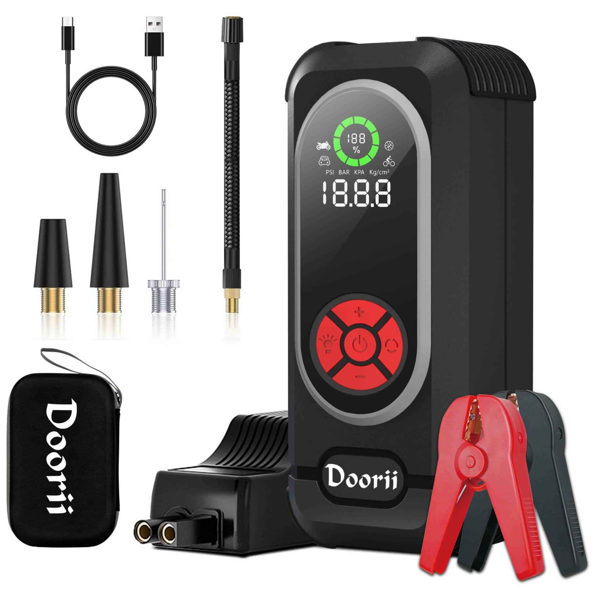 Doorii Q10 150PSI 4000A Auto Starthilfe Powerbank mit Luftkompressor Spitzenstrom Starthilfe Powerbank für 10.0L Benzin und 8.0L Dieselmotor, Starthilfe mit LED-Taschenlampe von Doorii