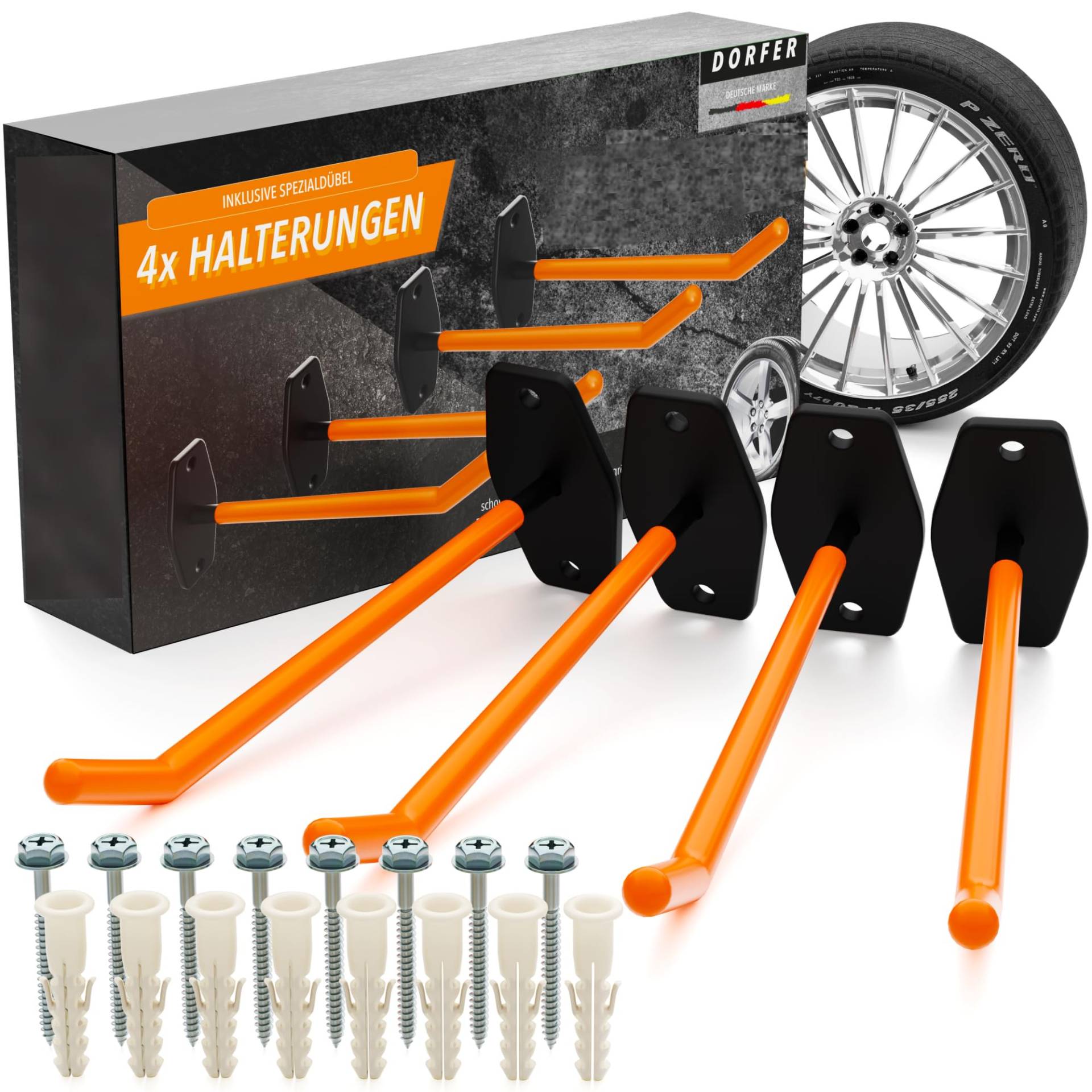 Dorfer Reifen Wandhalterung 4er Set | 4X Reifenhalter Wandhalterung gehärteter Stahl inkl. Spezialdübel & Sicherheitsschrauben 60mm | Felgenhalter Wand | Autoreifen Wandhalterung | TÜV Zertifiziert von Dorfer