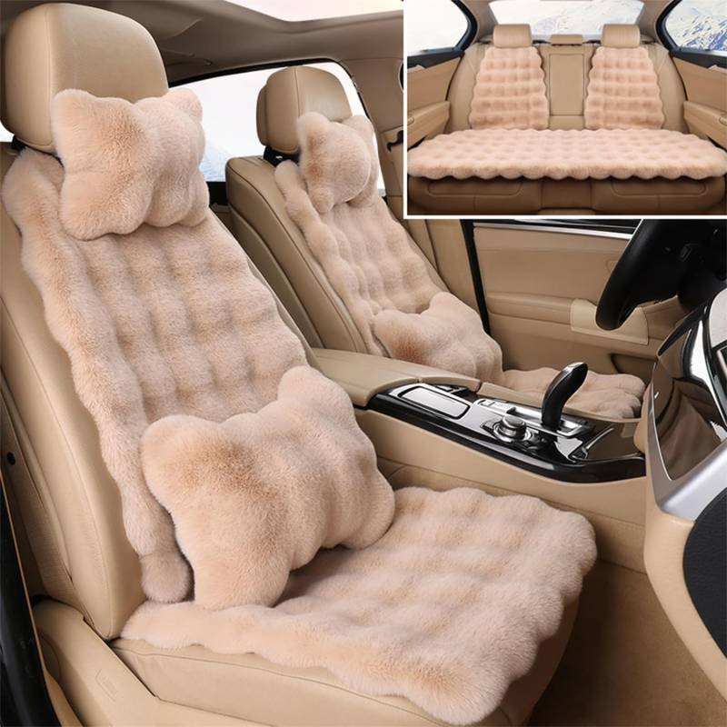 Dotwites Luxus verdickte Plüsch Autositzkissen-Set, flauschige Autositzbezüge, Winter Universal Kunstpelz Autositzkissen Full Set (Khaki, 11pcs) von Dotwites