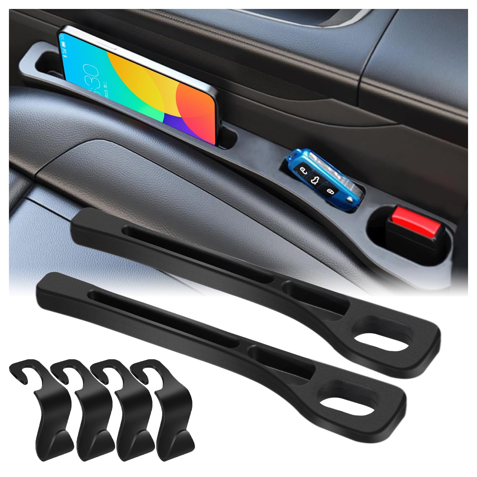 DoubleCare 2 Stück Autositz Organize Sitzlückenfüller, Car Seat Gap Filler Organizer Mit 4 Haken, Um Zu Verhindern, DASS Mobiltelefone, Schlüssel, Gegenstände Herunterfallen (Schwarz) von DoubleCare