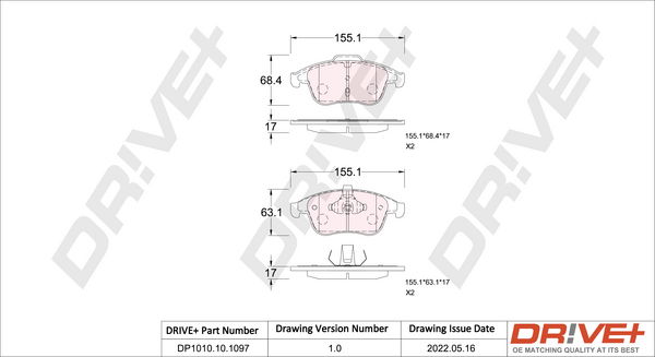 Bremsbelagsatz, Scheibenbremse Vorderachse Dr!ve+ DP1010.10.1097 von Dr!ve+