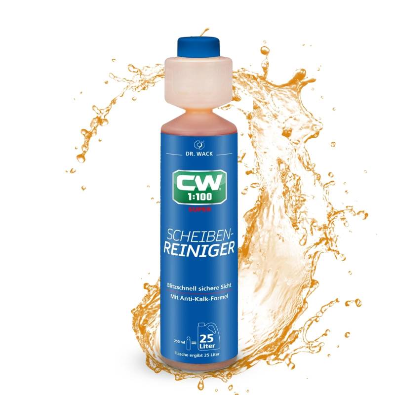 DR. WACK - CW1:100 Super Scheibenreiniger 250 ml - Konzentrat mit Antikalk-Formel - Reiniger für Scheinwerfer- & Scheibenwaschanlagen - Hohe Ergiebigkeit für 25 l Flüssigkeit - Hochwertige Autopflege von DR. WACK