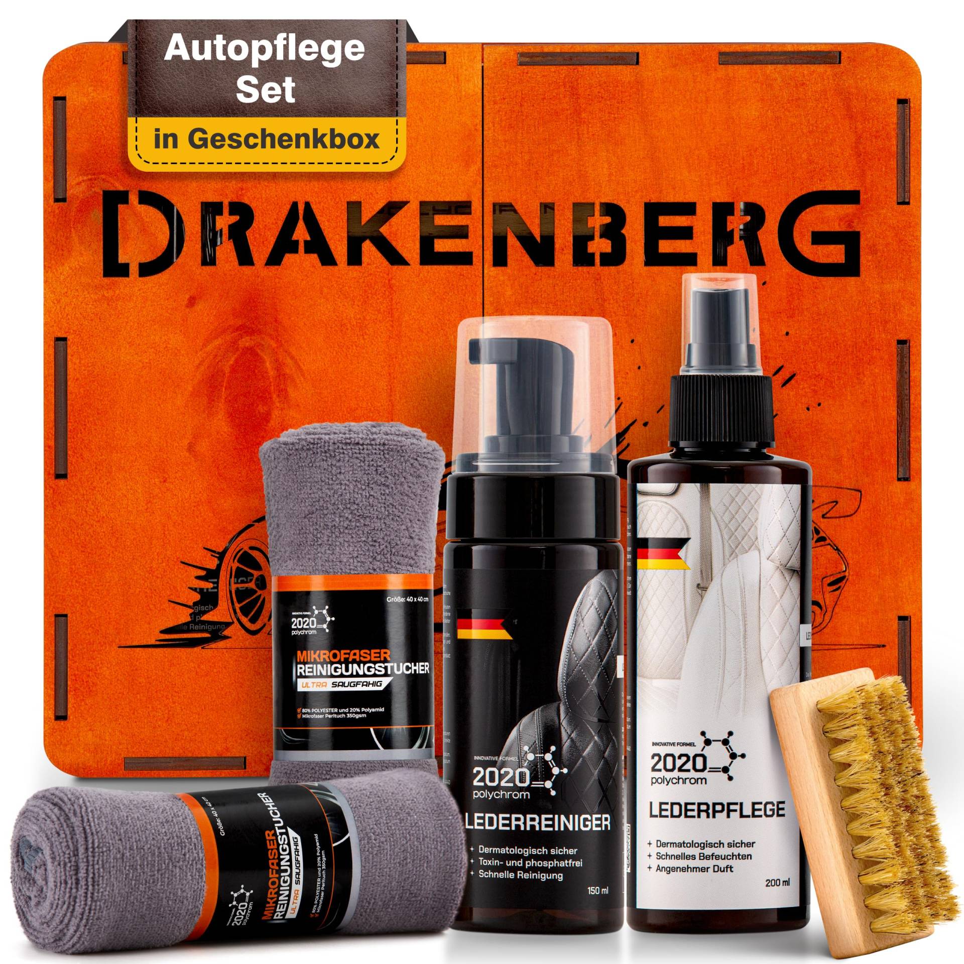 Drakenberg 2020 Polychrome Lederpflege Set – Premium Lederreiniger und Lederpflege mit 2 Mikrofasertüchern und Bürste in Edler Holzbox – Perfekt für Autositze, Lenkräder und Türverkleidungen von Drakenberg