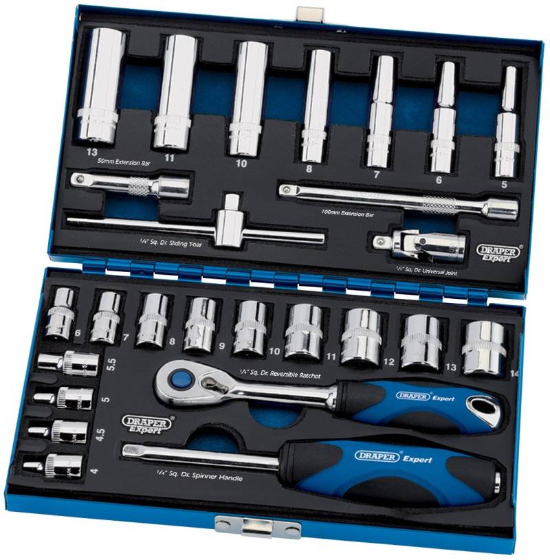 Draper Expert 43675 Metrische Hi-Torq-Stecknüsse mit 1/4-Zoll Vierkantantrieb, 26-teiliges Set von Draper