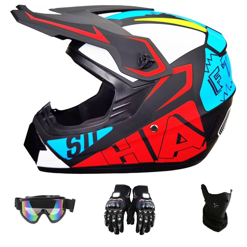 DriveNova Motorradhelm - Motocross MTB Helm Fullface mit Handschuhe Maske Brille, Erwachsener Motorrad Downhill Full Face Helm Downhill Motorradhelm Kinder ATV Motorradhelm Road Helm DOT Zertifiziert von DriveNova