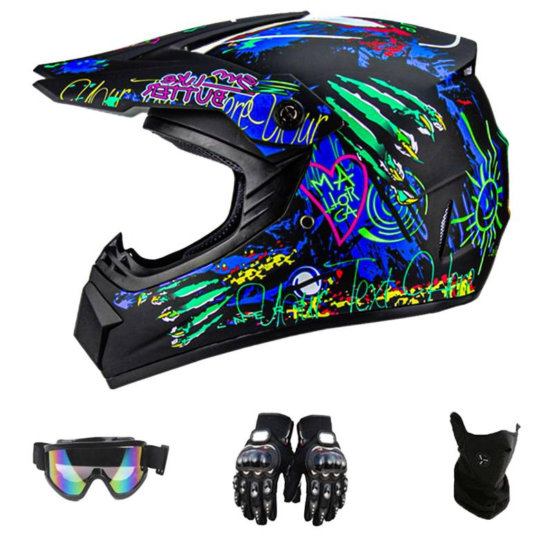 DriveNova Motorradhelm - Motocross MTB Helm Fullface mit Handschuhe Maske Brille, Erwachsener Motorrad Downhill Full Face Helm Downhill Motorradhelm Kinder ATV Motorradhelm Road Helm DOT Zertifiziert von DriveNova