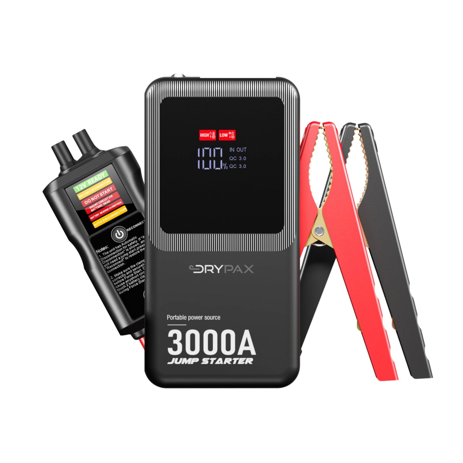 Drypax 3000A Starthilfe mit Digital Anzeigeclip - Autostarter - Jump Starter - Powerbank - 18000 mAh - 6L Benzin und 3L Dieselmotoren - Auto Batterie Booster - Überbrückungskabel - Starthilfekabel von Drypax