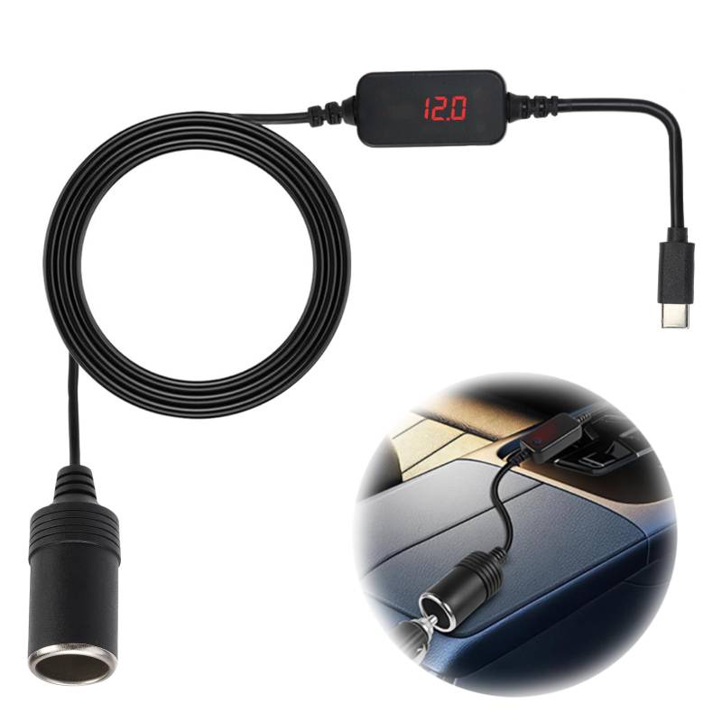 USB C Auf Auto Zigarettenanzünder Kabel 5 V USB C Stecker auf 12 V Zigarettenanzünder Buchse mit Digitalanzeige für Dash Cam GPS Baby Monitor Electronic Dog (1.2M/3,9FT) von Duluok