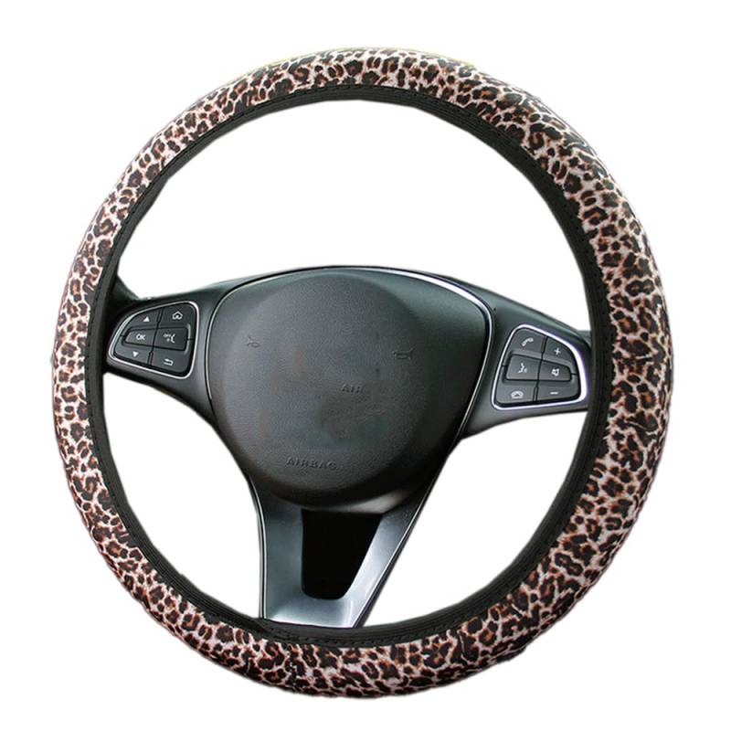 Bunte Blumen Muster Stoff Universal Auto Lenkradbezug Lenkradhüllen Lenkradabdeckung Anti-Rutsch Schweiß absorbieren Auto Wrap Lenkrad Abdeckung Lenkradschoner Autozubehör für Damen 37-38cm,Leopard von Duories