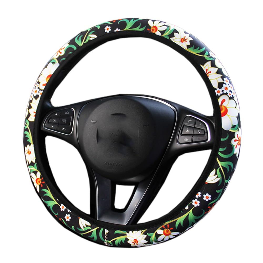 Bunte Blumen Stoff Universal Auto Lenkradbezug Lenkradhüllen Lenkradabdeckung Anti-Rutsch Schweiß absorbieren Auto Wrap Lenkrad Abdeckung Lenkradschoner Autozubehör für Damen 37-38cm,Farbige Blumen #4 von Duories