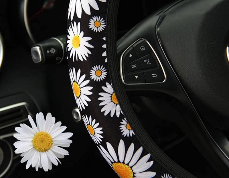 Bunte Blumen Stoff Universal Auto Lenkradbezug Lenkradhüllen Lenkradabdeckung Anti-Rutsch Schweiß absorbieren Auto Wrap Lenkrad Abdeckung Lenkradschoner Autozubehör für Damen 37-38cm,Gänseblümchen von Duories