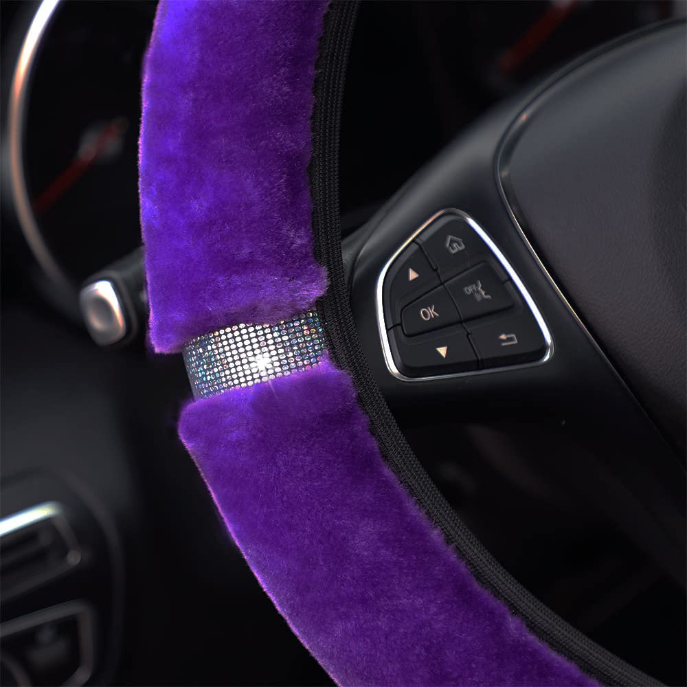 Duories Lenkradabdeckung Glitzer,Universal Bling Lenkradhülle Plüsch Winter Lenkradbezug Teleskop Lenkrad Abdeckung weich bequem Steering Lenkradschoner Auto Zubehör für Frauen Mädchen,36-38cm Lila von Duories