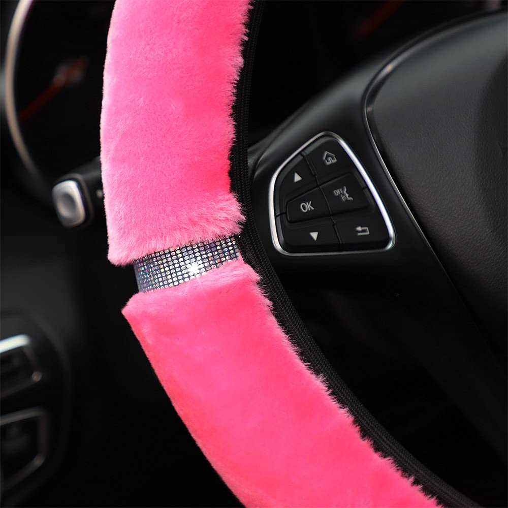 Duories Lenkradabdeckung Glitzer,Universal Bling Lenkradhülle Plüsch Winter Lenkradbezug Teleskop Lenkrad Abdeckung weich bequem Steering Lenkradschoner Auto Zubehör für Frauen Mädchen,36-38cm Rose von Duories