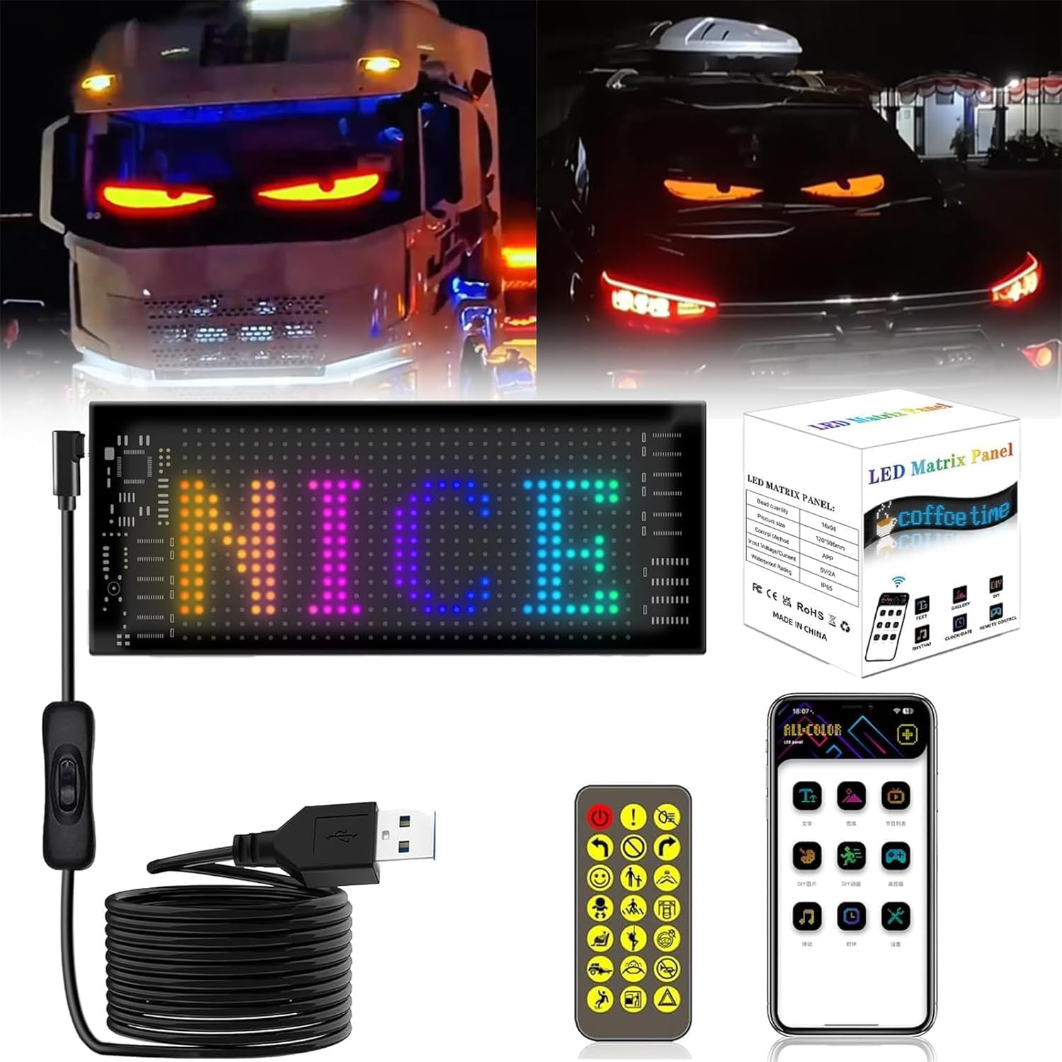 Colorful Eye Lamp Soft Screen, DIY Car Dynamic LED Smart Colorful Eye Lamp Soft Screen for Car Windows, Remote Control Programmable Flexible Matrix Screen (7 * 17.3CM) von Duyifan