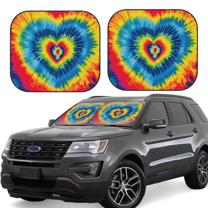 2 Stück Auto Windschutzscheibe Sonnenschutz Faltbare Frontscheibe Sonnenblende Herz Regenbogen Tie-Dyed Sonnenblende Schutz SUV Windschutzscheibe Abdeckung Sonnenschutz Blocker mit Aufbewahrungstasche von Dwrepo