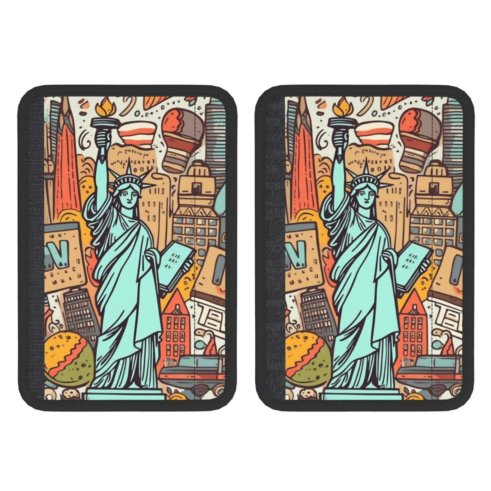 2 x Auto-Sicherheitsgurtpolster, universal, Sicherheitsgurt-Bezüge, Nacken- und Sicherheitsgurt-Bezüge, weich, bequem, Cartoon, niedliches New York, amerikanisches Thema, Kunst, Sicherheitsgurtpolster von Dwrepo