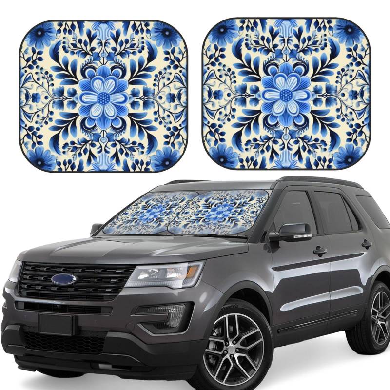 Blue Folk Art Auto Windschutzscheibe Sonnenschutz 2 Stück Auto Frontscheibe Sonnenschutz Upgrade Auto Sonnenblende Schutz Blöcke Universal Fit Limousinen SUV LKW Innenraum Zubehör Groß von Dwrepo