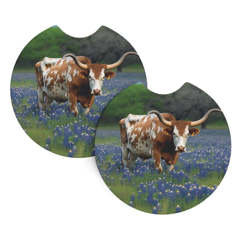 Bluebonnet Longhorn Print Auto Getränkehalter Untersetzer 2 Pack Rutschfester Einsatz Auto Untersetzer mit einer Fingerkerbe Gummi Cup Mat Drink Pad Auto Innenzubehör für die meisten Fahrzeuge Büro von Dwrepo