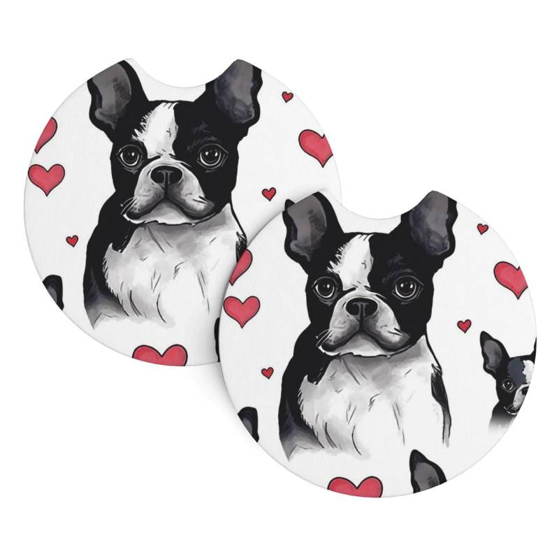 Boston Terrier Hund Druck Auto Getränkehalter Untersetzer 2 Pack Rutschfester Einsatz Auto Untersetzer mit einer Fingerkerbe Gummi Cup Mat Drink Pad Auto Innenzubehör für die meisten Fahrzeuge Büro von Dwrepo