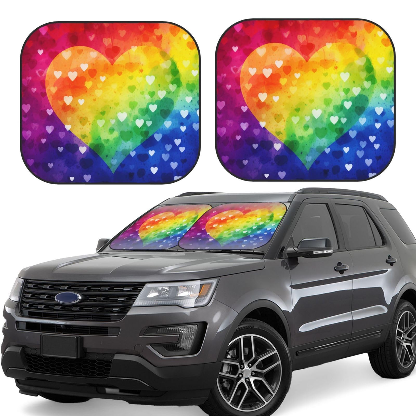 Buntes Regenbogen-Liebesherz Auto Windschutzscheibe Sonnenschutz 2 Stück Auto Frontscheibe Sonnenschutz Upgrade Auto Sonnenblende Schutz Blöcke Universal Fit Limousinen SUV LKW Innenzubehör Groß von Dwrepo