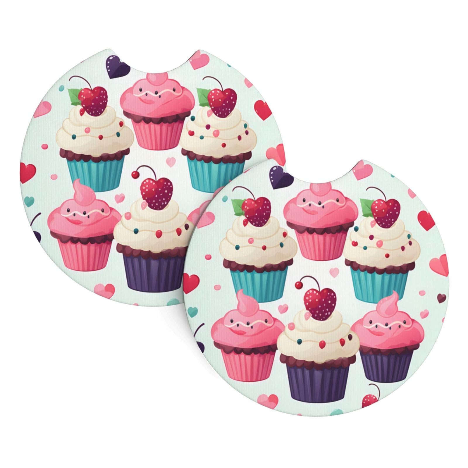 Cupcake-Untersetzer, Süßigkeiten-Herzen, süßer Druck, Auto-Getränkehalter, 2 Stück, rutschfester Einsatz, Auto-Untersetzer mit einer Fingerkerbe, Gummi-Cup-Matte, Getränke-Pad, Auto-Innenzubehör für von Dwrepo