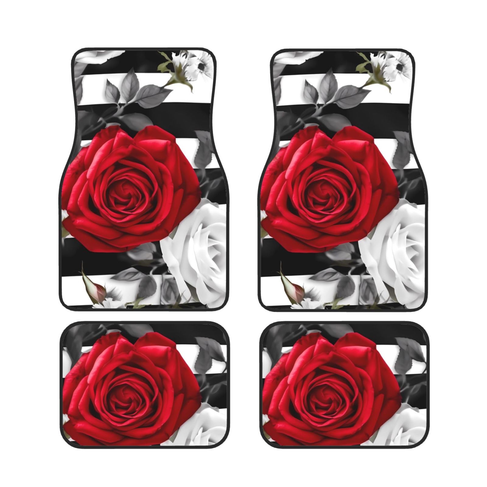 Heavy Duty Auto Fußmatten Set von 4 Stück Universal Auto Vorne Hinten Fußmatten Full Sets Schwarz Weiß Streifen Rot Rose Blumen Auto Matten Rutschfest Auto Fußpolster Allwetter Auto Boden Teppich von Dwrepo