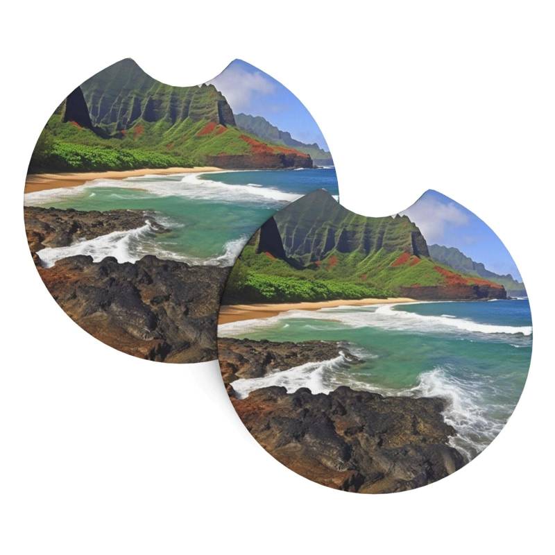 Kauai Hawaii Seashore Print Auto Getränkehalter Untersetzer 2 Pack Rutschfester Einsatz Auto Untersetzer mit einer Fingerkerbe Gummi Cup Mat Drink Pad Auto Innenzubehör für die meisten Fahrzeuge Büro von Dwrepo