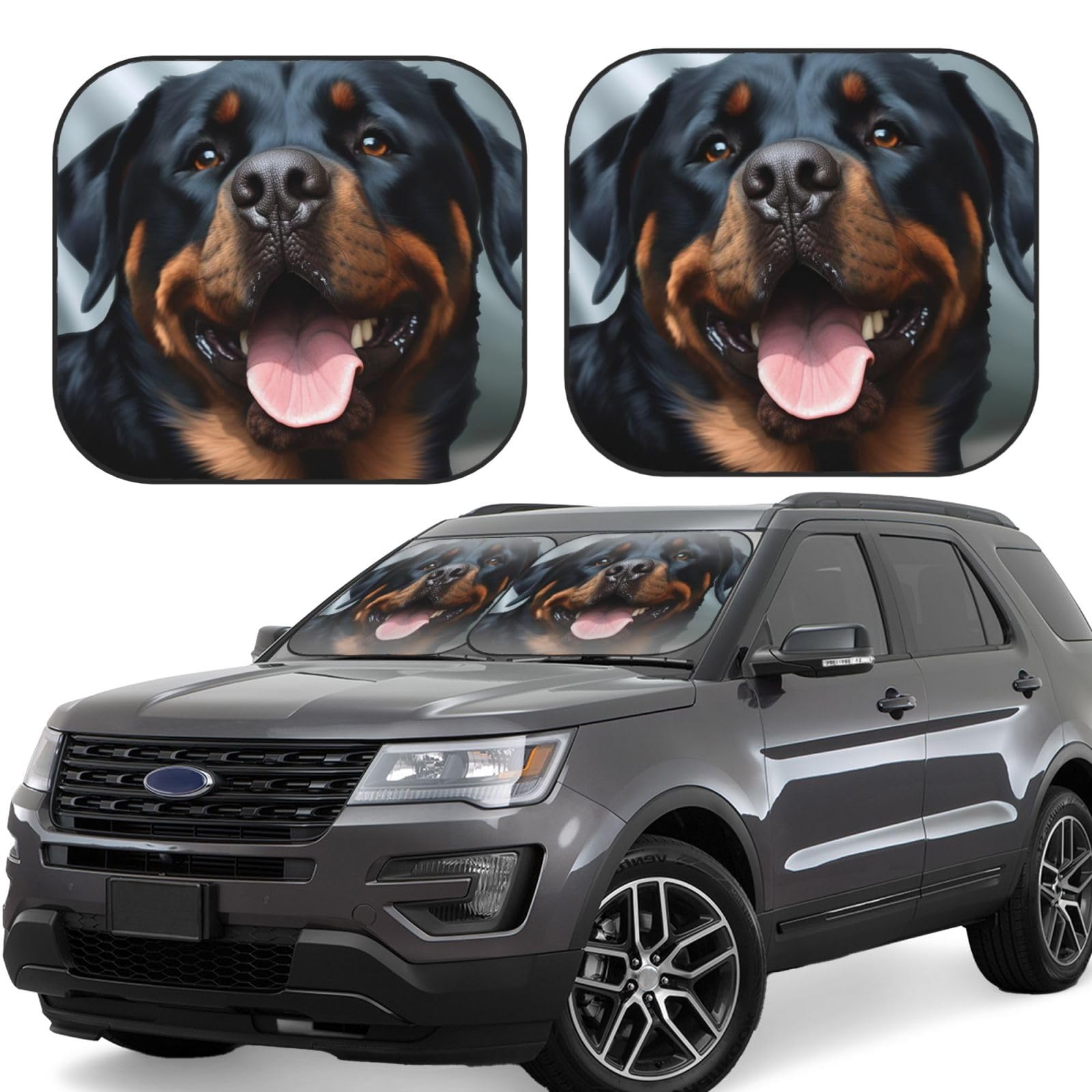 Rottweiler Windschutzscheiben-Sonnenschutz mit Hundezungenkopf-Motiv, 2 Stück, Auto-Frontscheiben-Sonnenblende, Upgrade, Auto-Sonnenblende, Schutzblöcke, universelle Passform, Limousinen, SUV, LKW, von Dwrepo