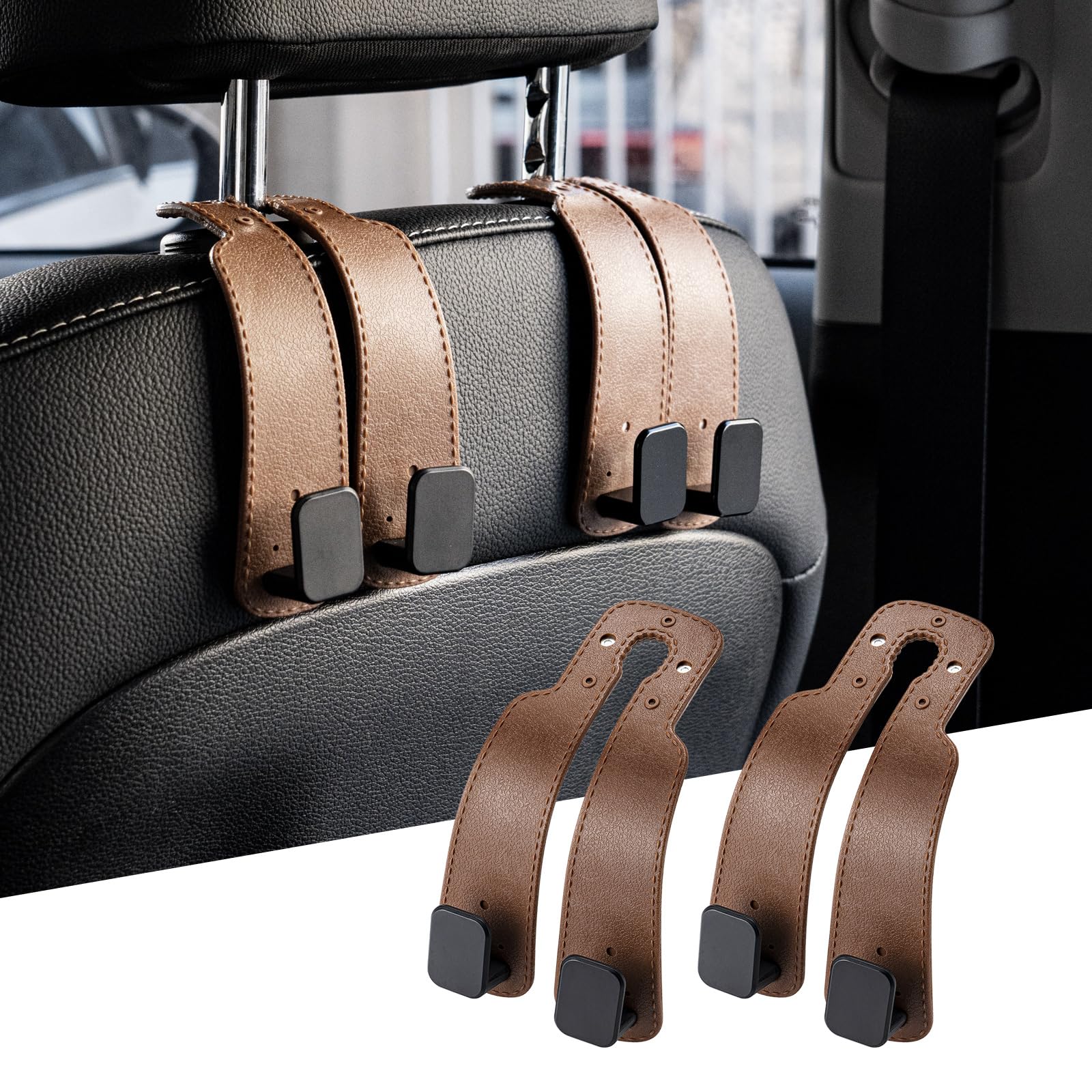 E-Mangue 2 Pack Autositz Kopfstütze Haken, Auto Handtasche Haken für Geldbörsen und Taschen, Autositz zurück Lagerung Haken Doppelhaken Halter Auto Organisation Zubehör (braun) von E-Mangue