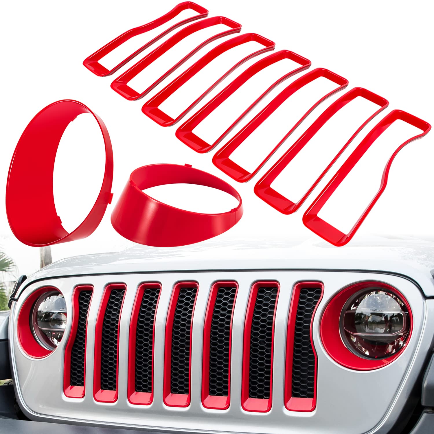 Frontgrill-Netzeinsätze & Scheinwerferabdeckung für Jeep Wrangler JL JLU Unlimited Sport/Sports 2018–2023, Außenzubehör, Clip-In Kühlergrill-Schutzabdeckung, Scheinwerferblenden, Zierring (Rot, 9 von E-cowlboy