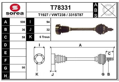 Eai Antriebswelle [Hersteller-Nr. T78331] für Seat, Skoda, VW von EAI