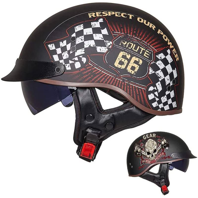 Halbhelme Jethelme Motorradhelm Retro Harley Motorrad DOT / ECE Cruiser Chopper Scooter Sicherheit Antikollisionshelm Mit Eingebauter Schutzbrille Schnellverschluss,I-M=（57~58cm） von EBAYIN