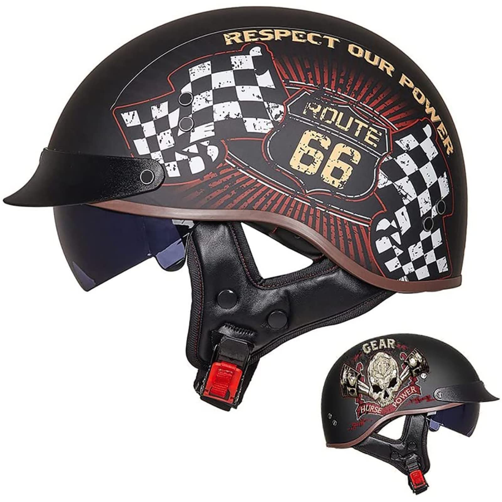 Halbhelme Jethelme Motorradhelm Retro Harley Motorrad DOT / ECE Cruiser Chopper Scooter Sicherheit Antikollisionshelm Mit Eingebauter Schutzbrille Schnellverschluss,I-XL=（61~62cm） von EBAYIN