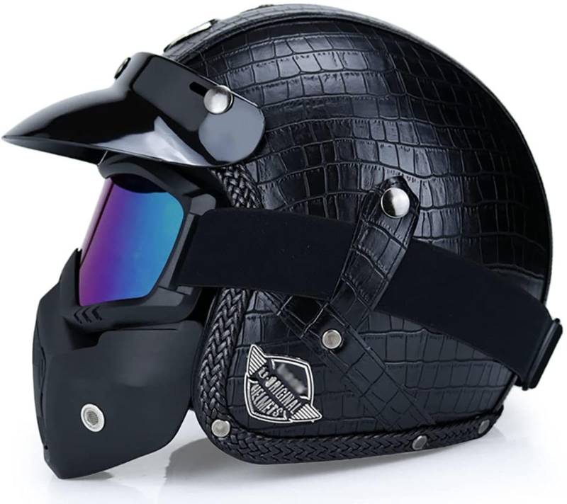 Jet Helm Vintage Harley Halbhelm mit Blasenlinse DOT ECE-Zertifizierung FRP Material Cruiser Chopper Scooter 3/4 Pilot Motorradhelm,A-XL=（61~62cm） von EBAYIN