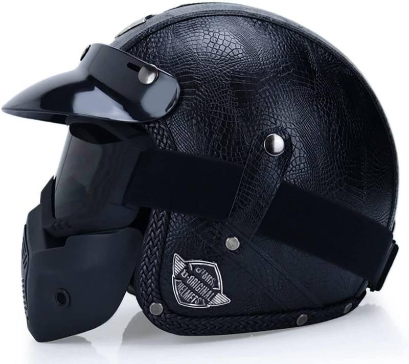 Jet Helm Vintage Harley Halbhelm mit Blasenlinse DOT ECE-Zertifizierung FRP Material Cruiser Chopper Scooter 3/4 Pilot Motorradhelm,C-XXL=（63~64cm） von EBAYIN