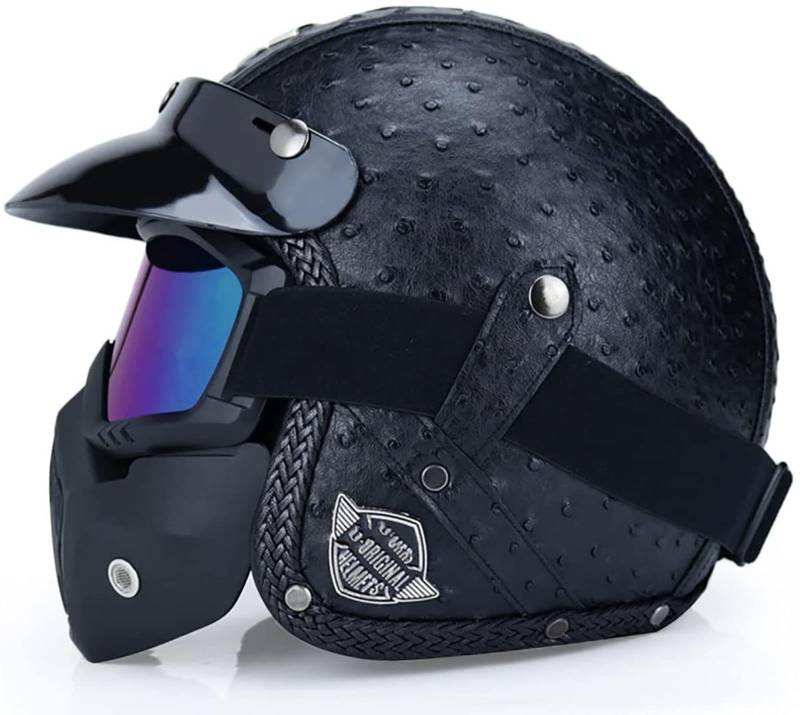 EBAYIN Jet Helm Vintage Harley Halbhelm mit Blasenlinse DOT ECE-Zertifizierung FRP Material Cruiser Chopper Scooter 3/4 Pilot Motorradhelm,D-L=（59~60cm） von EBAYIN