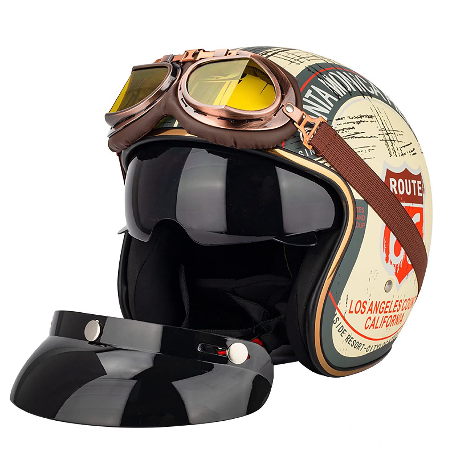 Motorrad Jethelm Halbhelm Vintage Halbhelm Open Face Helm Halbschalenhelm Mit ECE Moped Helm 3/4 Helm Cruiser Chopper Scooter Four Seasons Universal,F-M=（57~58cm） von EBAYIN