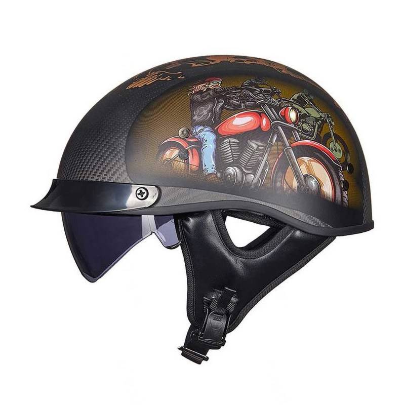 Motorradhalbhelm Bobber Helm Mofa-Helm Düsenhelm Retro Harley Motorradhelm Eingebaute Schutzbrille Kohlefaser Adult Four Seasons Safety Crash Helm Halbschalenhelm Mit ECE,K-M=（57~58cm） von EBAYIN