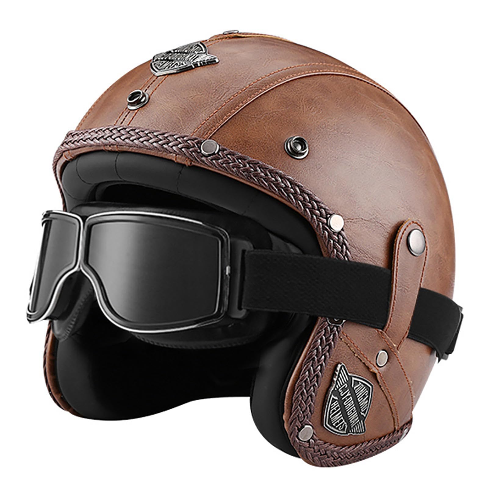 Motorradhelm, Halbhelm Retro Harley Lederhelm Mofa-Helm Motorradhelm 3/4-Helm Jethelm Vintage-Pilotenhelm ECE Zertifiziert Cruiser Chopper Roller mit Schutzbrille,J-M=(57~58cm) von EBAYIN